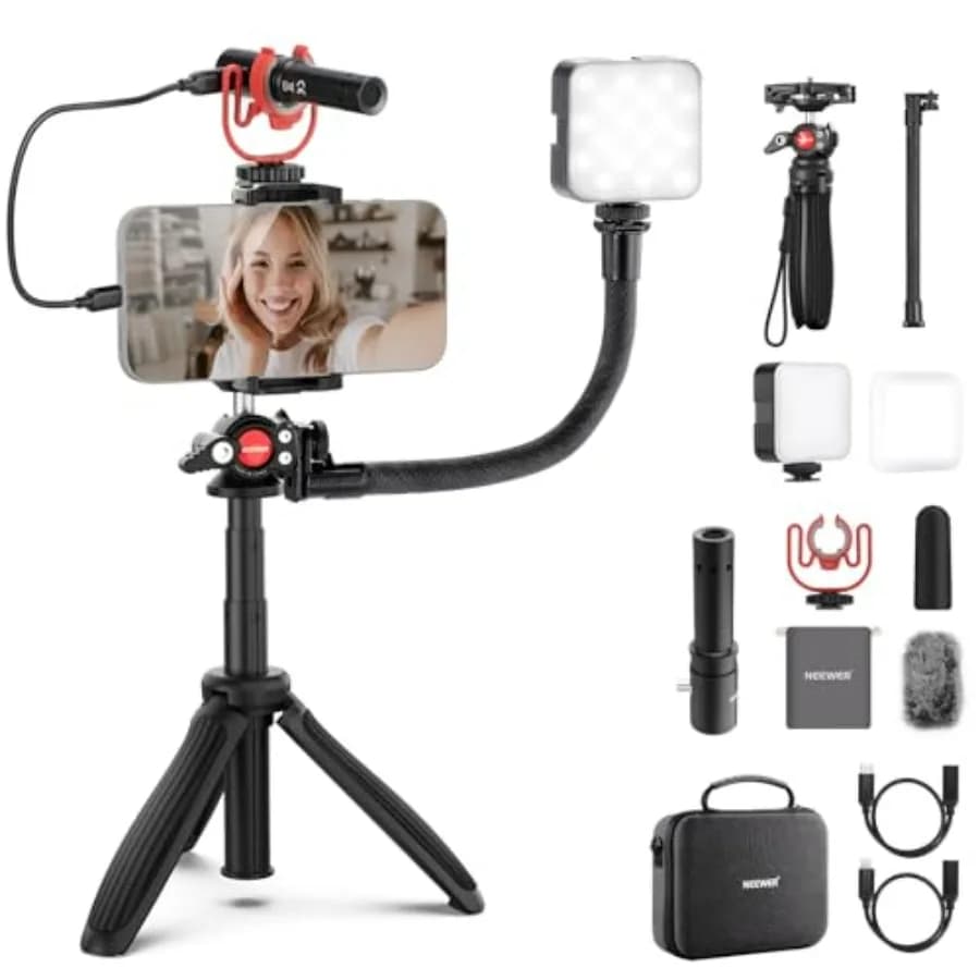 Vlogging Kit on Smartphone, Essential Accessories for YouTube Content Creator with LED Light, Selfie Rod, Tripod, Soft Flexible Tube, USB C