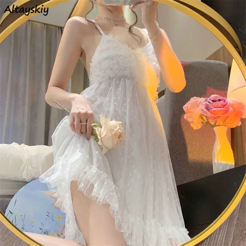 Summer Nightgowns Women Lovely White Chic Sleeveless Simple Lady Sleepwear Cozy Mini Sexy Basic Mesh-design Night Wears Ulzzang
