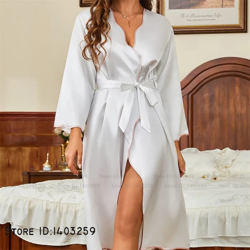 Elegante abito lungo in raso bianco femminile Kimono Accappatoio Abito Primavera Estate Nuovi indumenti da notte Camicia da notte Abito da casa allentato Abbigliamento da salotto