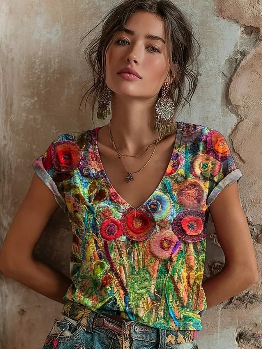 Fashion Floral Flower Pattern 3D Print T-Shirts Women Casual V-Neck Short Sleeve T Shirt Y2k Harajuku Tees Tops Female Clothing