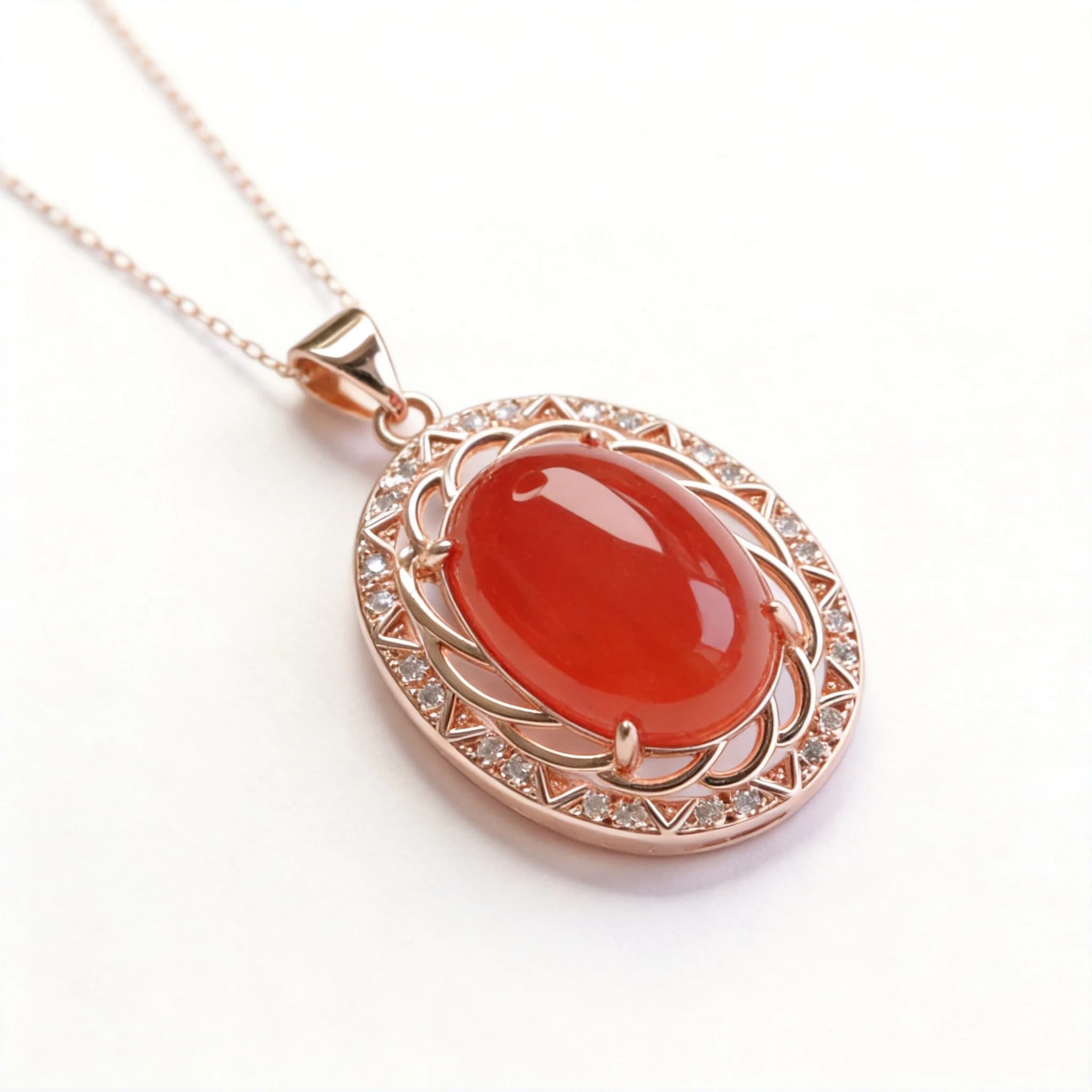 SNQP Traditional Chinese Style Lucky Red Agate Pendant Necklace Rose Gold Plated Hollow Design Cubic Zirconia Inlaid Clavicle