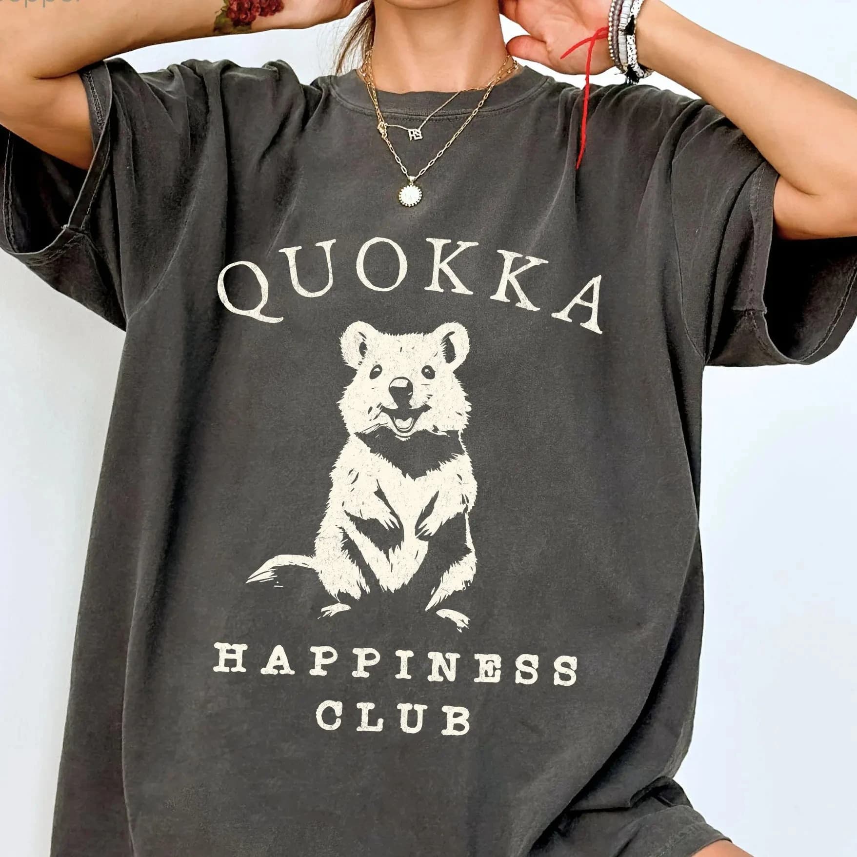 2026 Summer Women's Vintage Quokka Happiness Club T-Shirt Sweat-wicking and Breathable Tee Streetwear Oversized Loose Casual