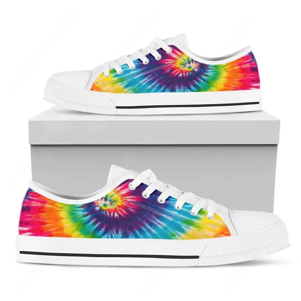 Scarpe in tela bianche e nere con tie-dye arcobaleno, scarpe comode da studente, scarpe basse da donna, sneakers traspiranti e confortevoli da donna