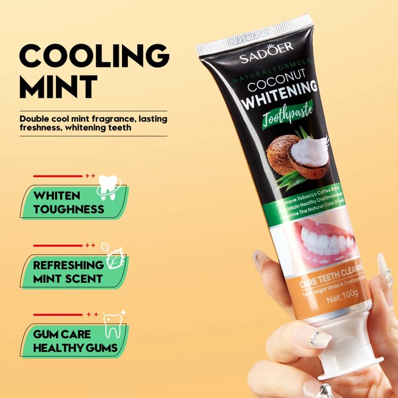 SADOER Teeth whitening toothpaste for coconut oil, Smacking for nail polish, Fresh coconut flavor, Natural whitening formula