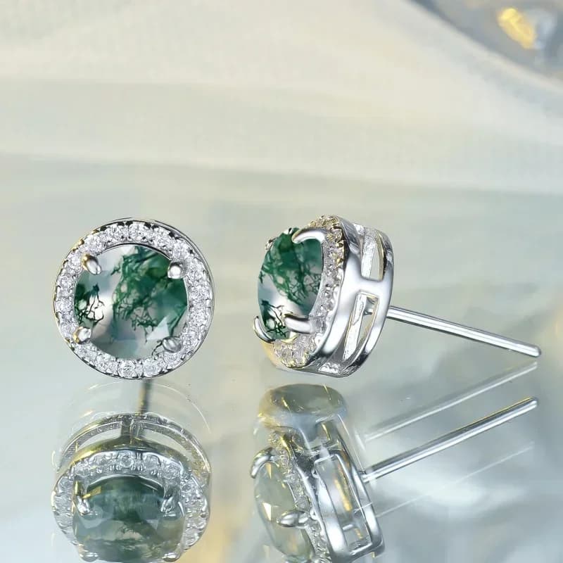 Non Fading, Anti Allergic, Fashionable Round Water Grass Agate Edged Zircon Earrings with Versatile Accessories for Girlfriends