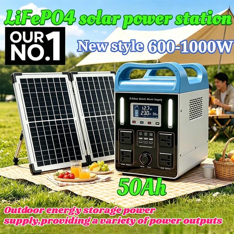 Stazione di alimentazione solare LiFePO4 da 220V 600-1000W 50AH, alimentatore per accumulo di energia da esterno, con diverse uscite di potenza.