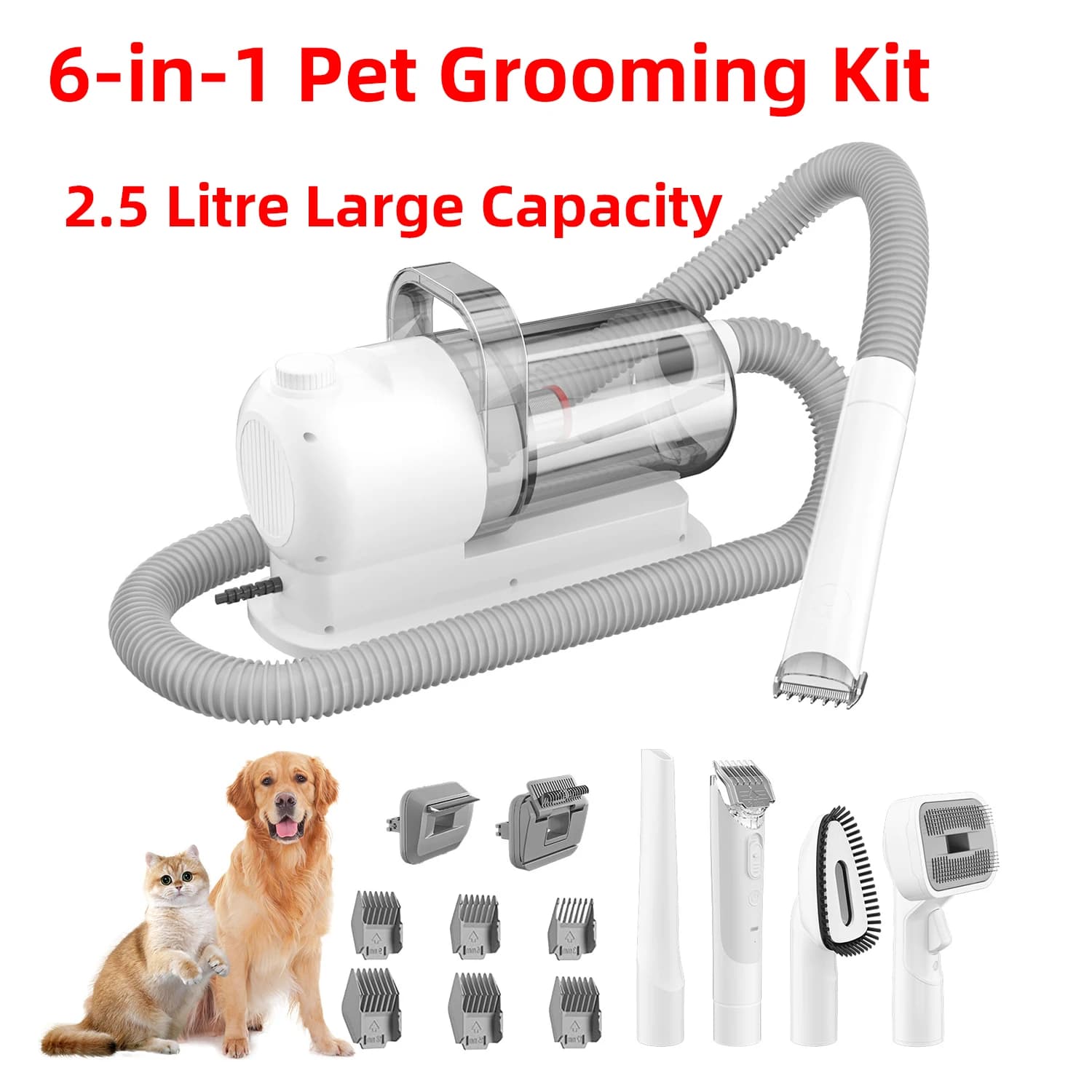 Kit aspirapolvere per toelettatura animali domestici 6 in 1, tagliacapelli per toelettatura cani, rimozione peli di animali domestici con potenza 2,5 litri, grande aspirazione e kit per peli di animali domestici a basso rumore