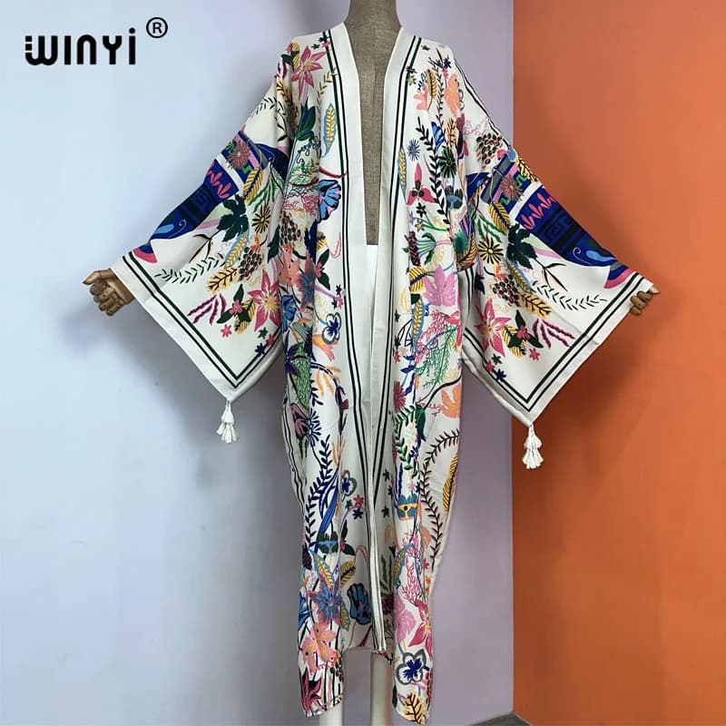 WINYI kimono new boho beach summer print Bikini cover-up sexy vestidos para playa costume da bagno a maniche lunghe donna 2023 maxi dress