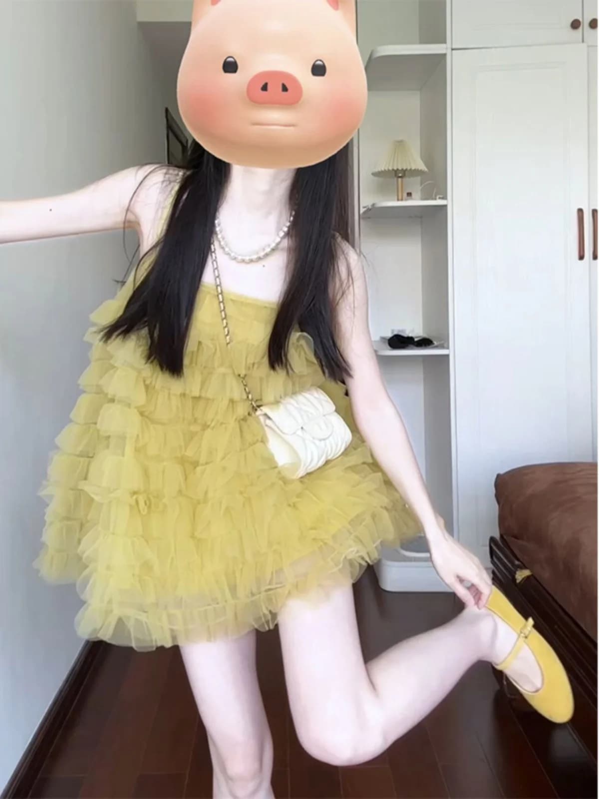 Yellow Mesh Strap Dress Women's Beach Vacation Gentle Style A-Line Fluffy Short Skirt Spring Season Ladies' Single Piece