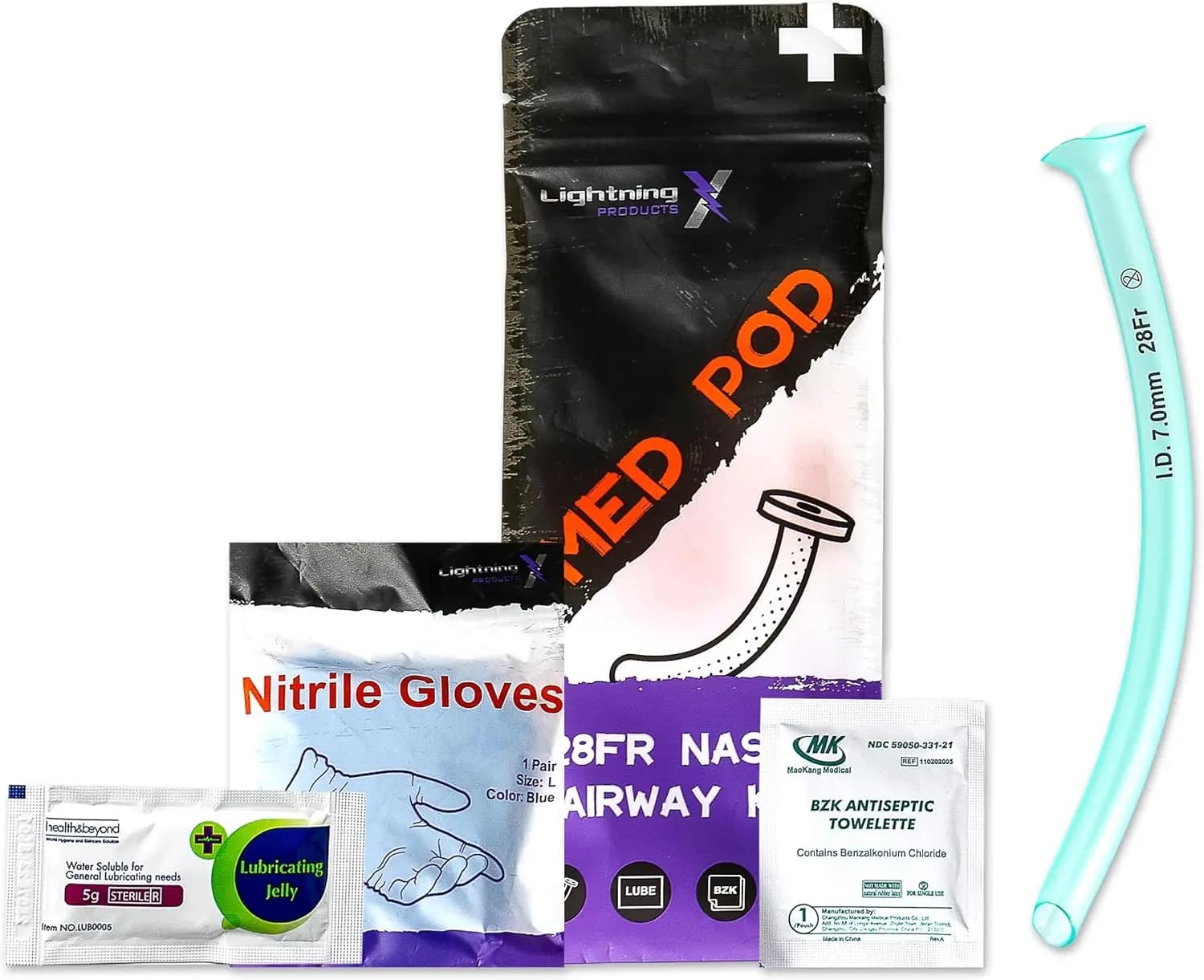 Kit per Via Aerea Nasofaringea 28FR - NPA, Lubrificante, Salviette e Guanti per Pronto Soccorso e Trauma