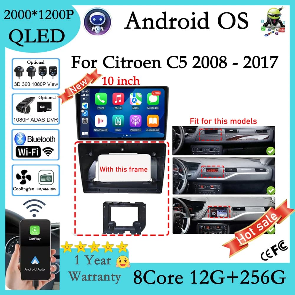 10” QLED Screen For Citroen C5 2008 -2017 DSP Android 16 Wireless Carplay Car Radio GPS Multimedia Video Tools Wifi BT