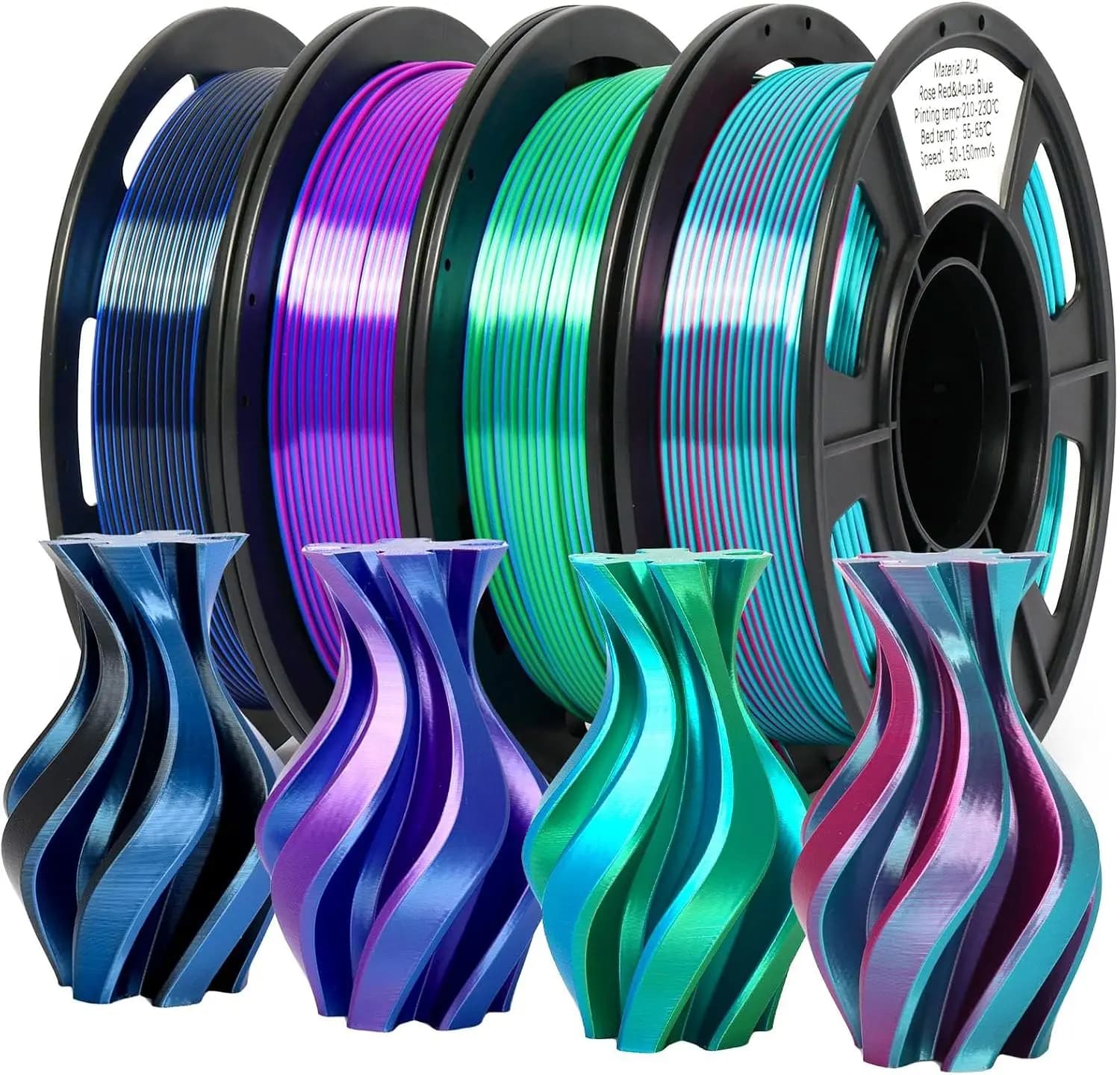 Silk Dual Color PLA 1.75mm 3D Printer Filament 4x250g Bundle for FDM Printers