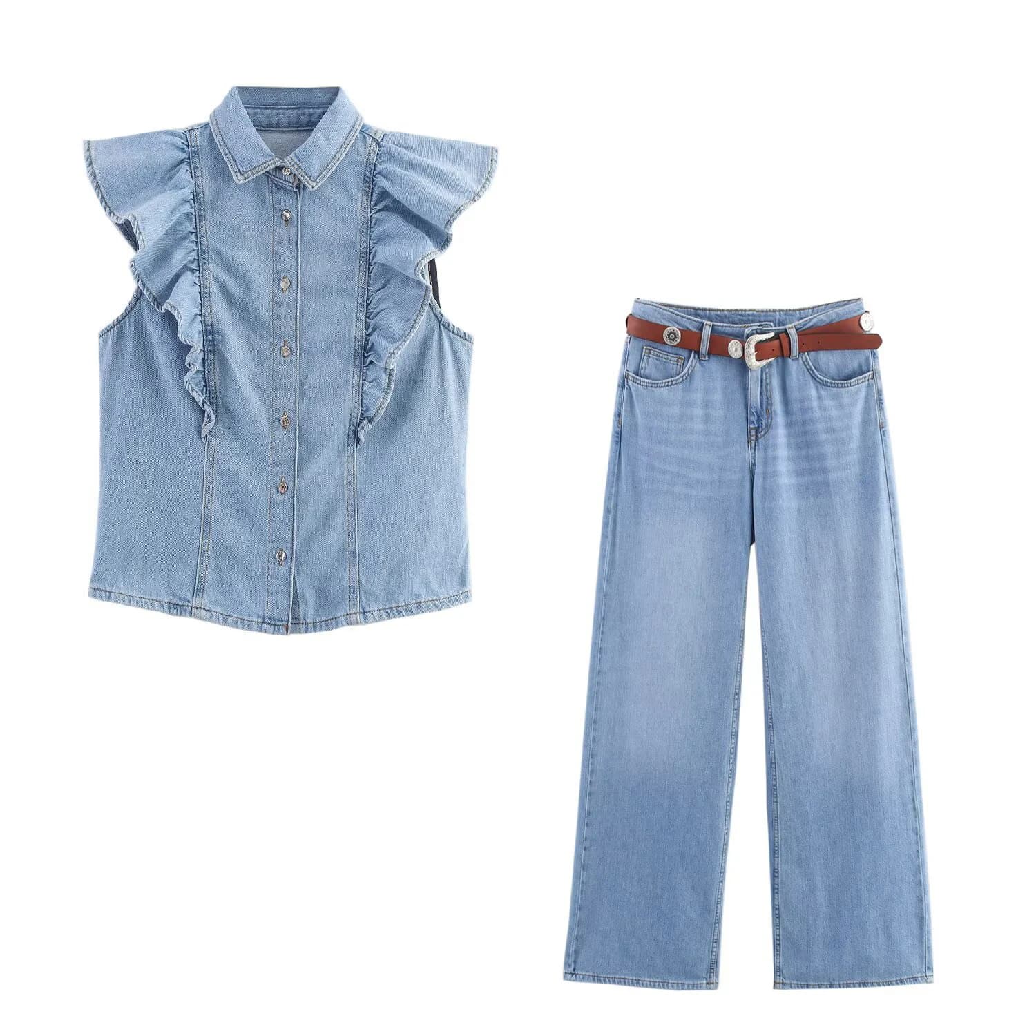 Top da donna in denim a strati in stile europeo e americano con set di jeans a gamba dritta a vita alta con cintura