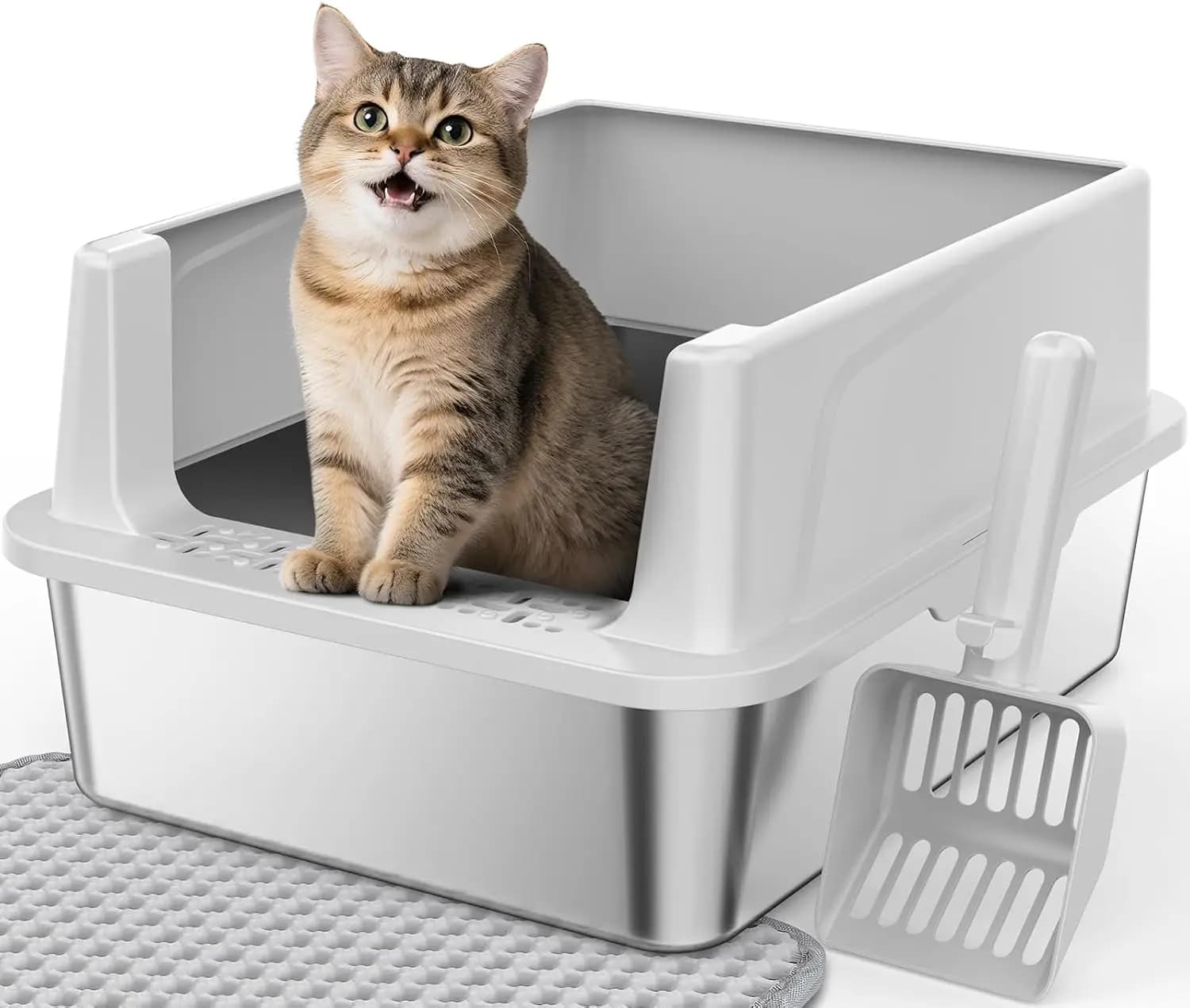 Lettiera per Gatti in Acciaio Inossidabile con Coperchio, Anti-Perdita, Facile da Pulire, 43x33x21.3 cm per Gatti di Piccola Taglia