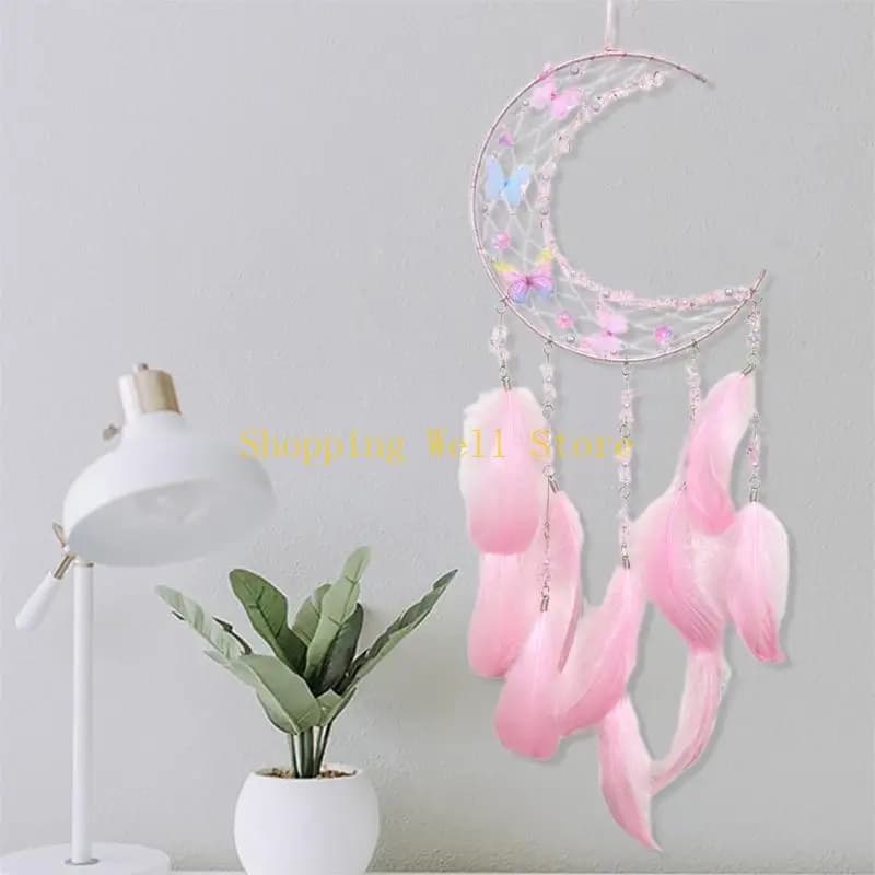 KX4B Handmade Woven Moon Dreamcatchers Wall Decorations Crystal Flower Butterfly Feathered Wall Hangings Decors for Bedroom