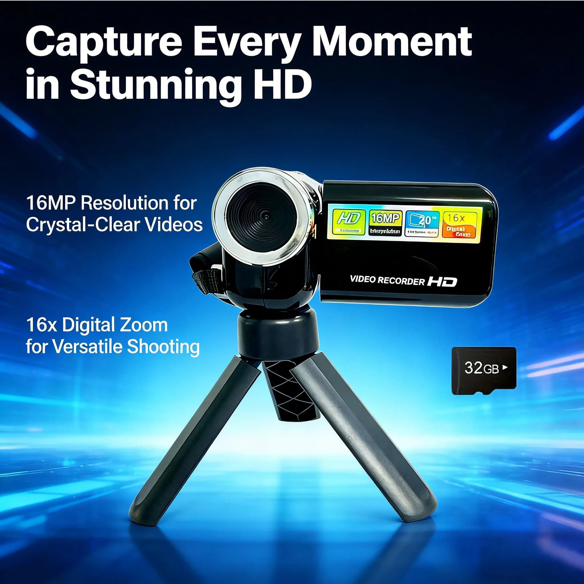 Digital HD camera with Mini Tripod – 1280x720p, 16MP, Zoom 16x, 2.0'' LCD, 32GB Optional Card for Vlogging