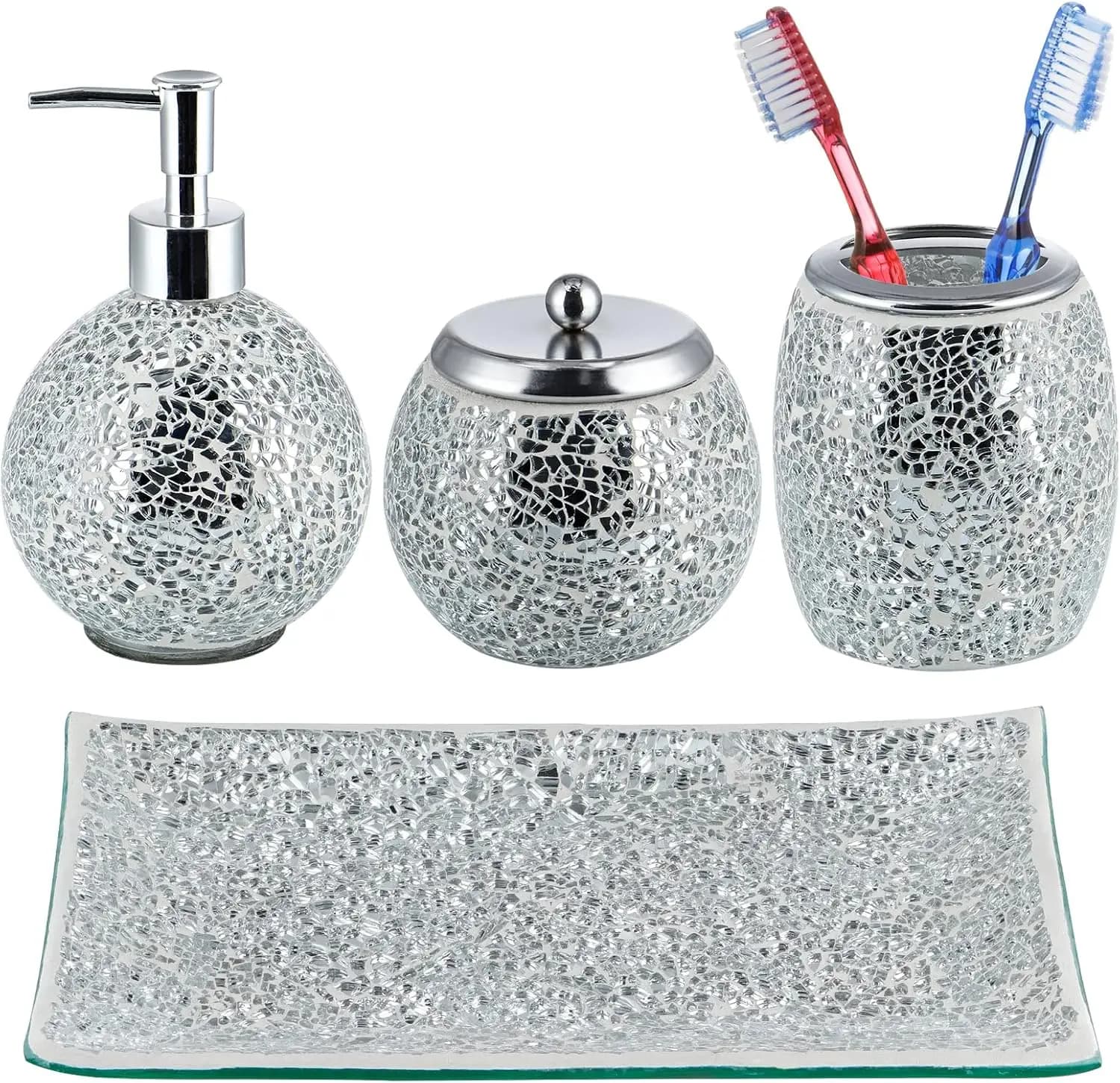Set Bagno Moderno in Vetro a Mosaico, Dispenser Sapone e Vassoio Organizer Argento Lucido, Arredo Lusso