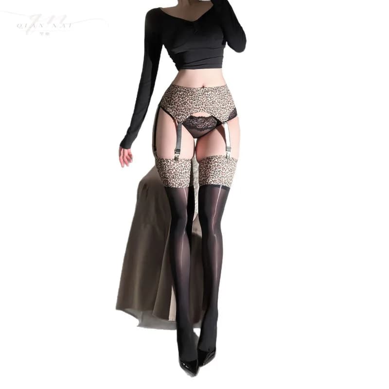 Reggicalze sexy con stampa leopardata e calze lunghe, reggicalze nero con stampa serpente e finitura lucida trasparente per donna GICD
