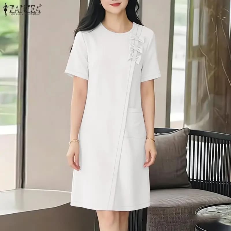ZANZEA Abiti da Ufficio Donna 2026 Estivi a Maniche Corte Tinta Unita al Ginocchio Elegante Vestito da Lavoro OL Abito Estivo alla Moda per Vacanze