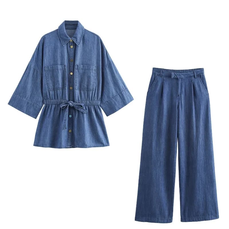 Casual Loose Collar Single breasted Bow Lace up Elastic Waist Long Shirt+Pants Cowboy 2-piece Set Spring Women' Suit Fashion Set