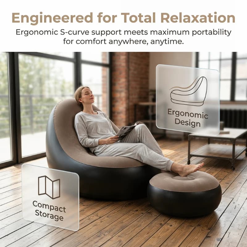 2 Pezzi Chaise Longue Gonfiabile con Poggiapiedi Reclinabile Portatile per Campeggio e Giardino