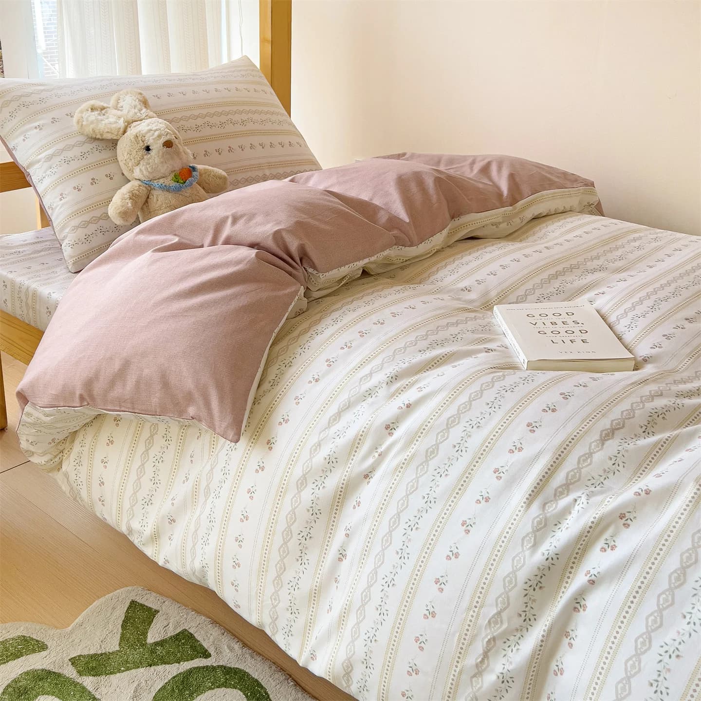 Set of pink bed linen return to school style K pop Full double bed Queen Size Floral bed for girls Flat sheet Federa Textiles for the house Kawai
