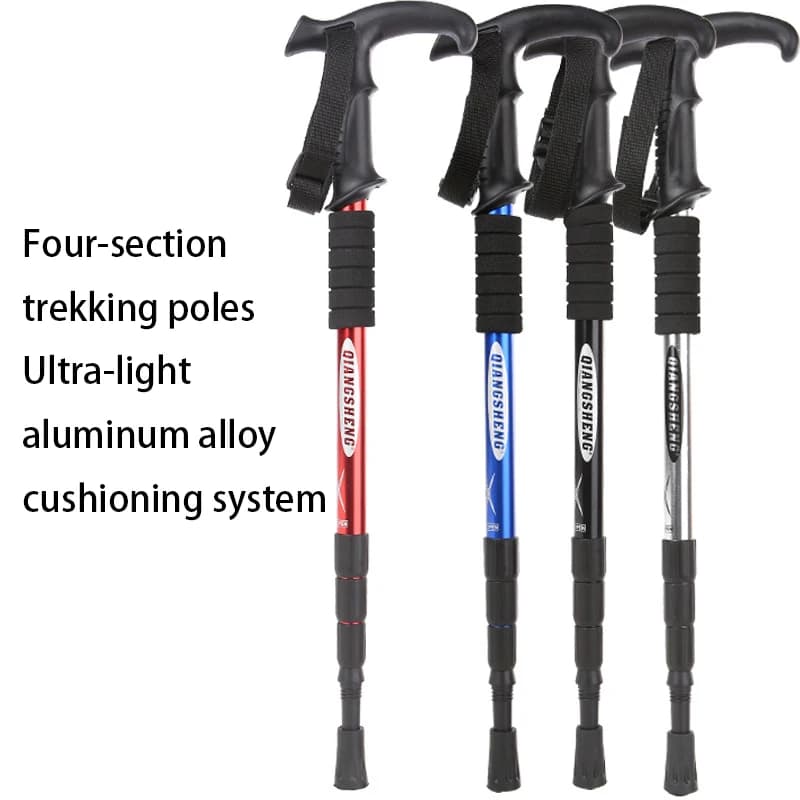 Trekking stick with T handle four sections climbing rod for outdoor travel pole aluminum alloy telescopic walking stick for hiking