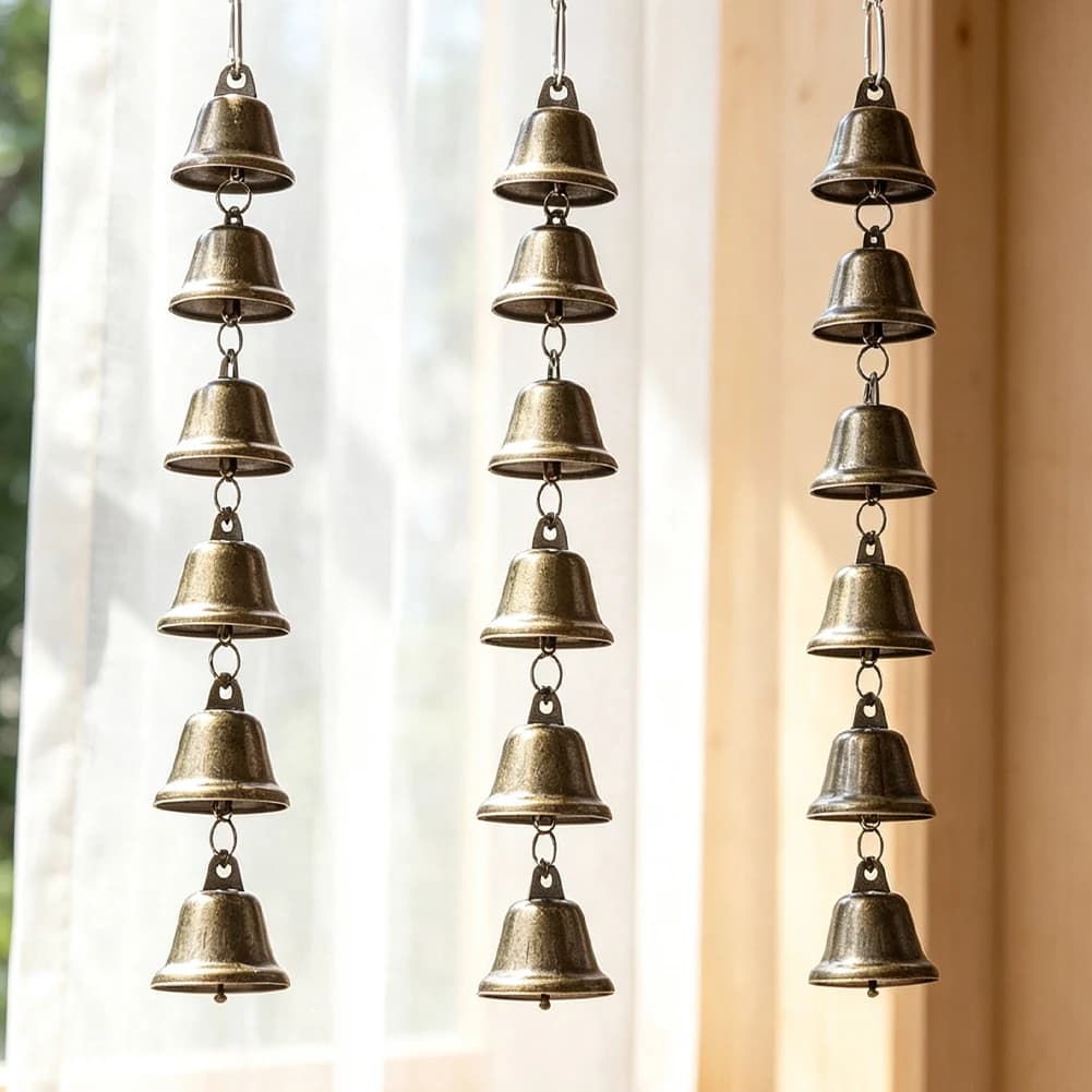 Rustic Wind Chimes Hanging Lucky Metal Music Bell Chains Pendant with 6 Hanging Bells Swivel Hook Window Garden Feng Shui Decor