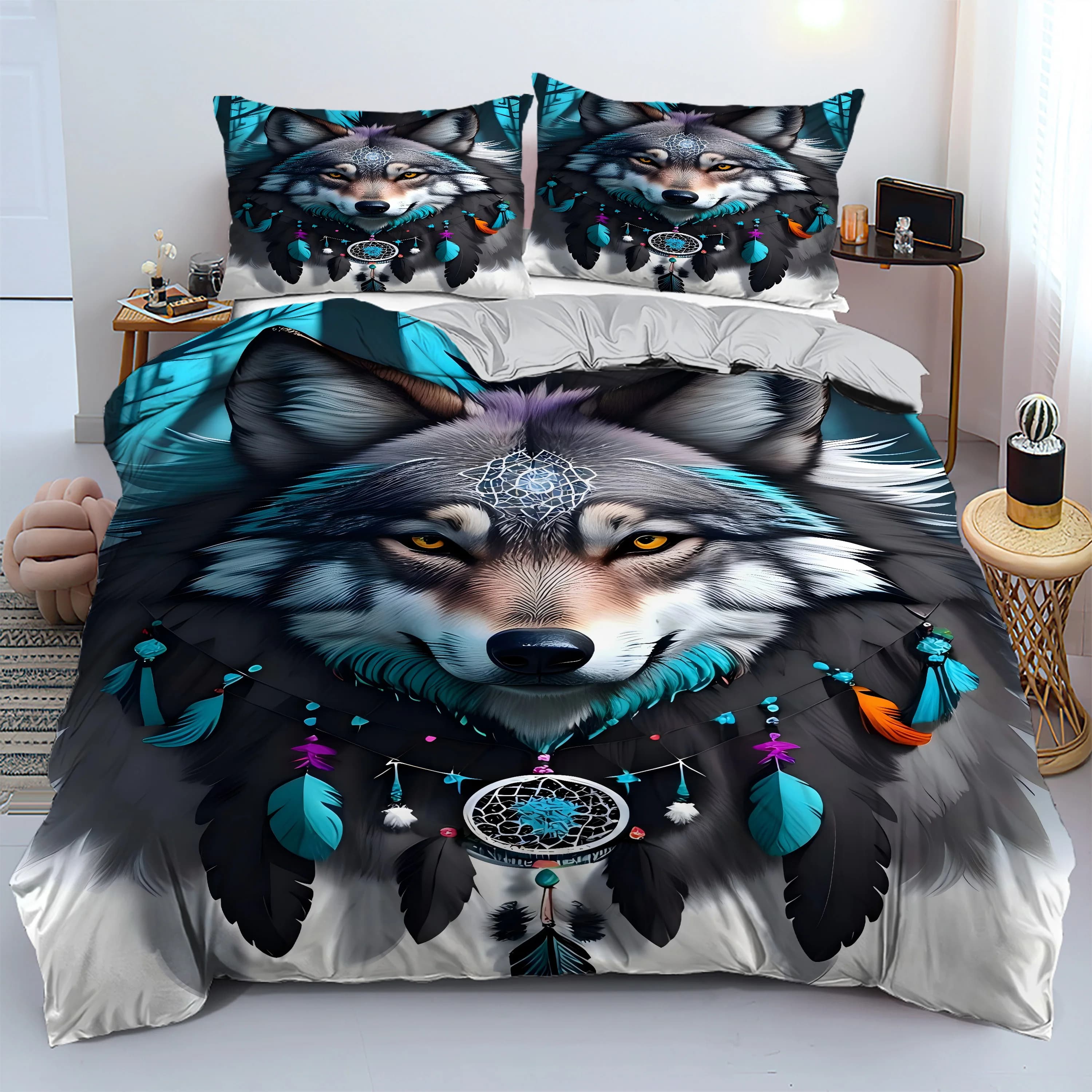 Copripiumino con stampa 3D con motivo testa di lupo colorato Set di biancheria da letto morbido e confortevole in stile sognante Federe con copripiumino a tema fauna selvatica