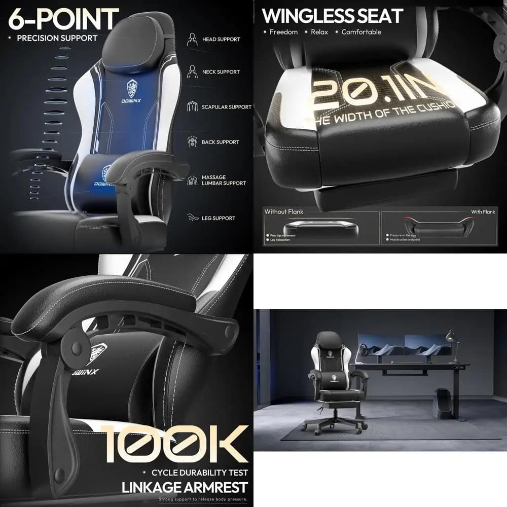 Sedia da Gaming Ergonomica con Schienale Alto, Massaggio Lombare, Poggiapiedi e Pelle Bianca per Adulti, Supporta fino a 136 kg