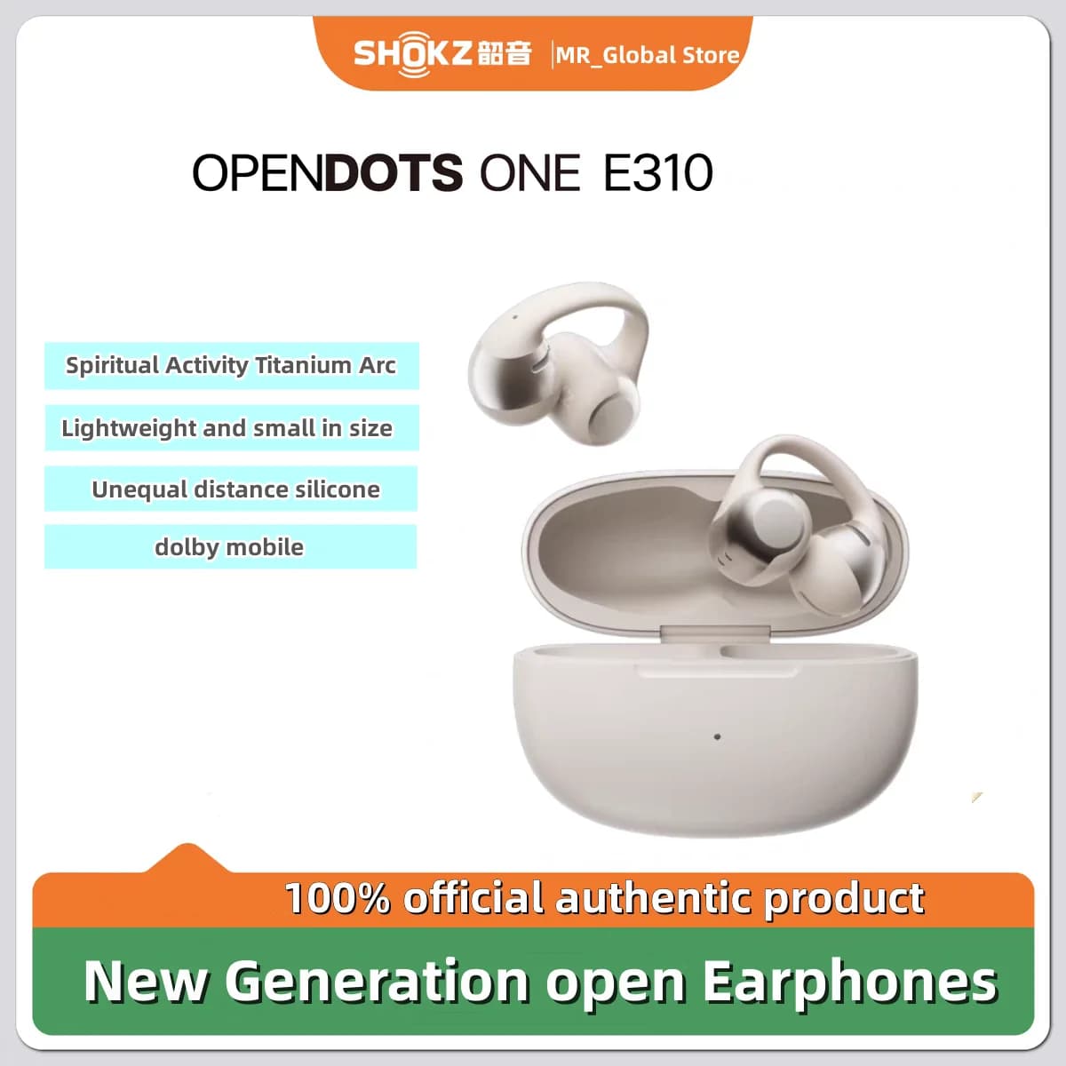 Shokz OpenDots ONE E310 Auricolari wireless Clip per l'orecchio Riduzione del rumore AI Batteria a lunga durata Auricolari leggeri Cuffie personalizzate