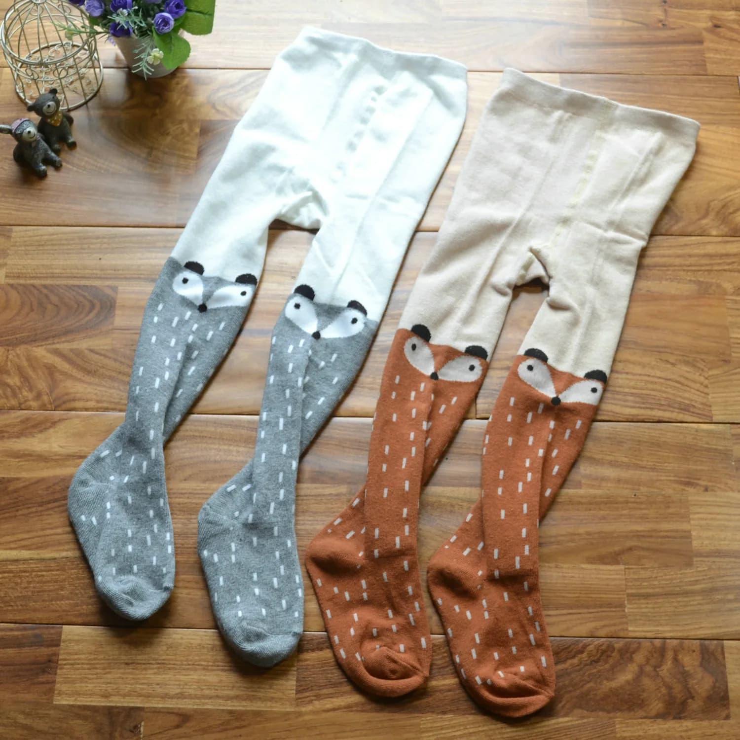 Collant in cotone lavorato a maglia per bambine, graziosi collant con patchwork a forma di volpe, per neonate, leggings primaverili e autunnali per bambini da 1 a 4 anni.