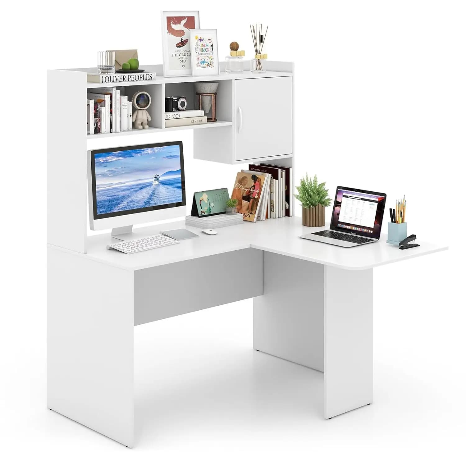 Scrivania ad Angolo a L con Scaffale e Armadietto, per Gaming, Ufficio Domestico, Camera da Letto, Personalizzabile