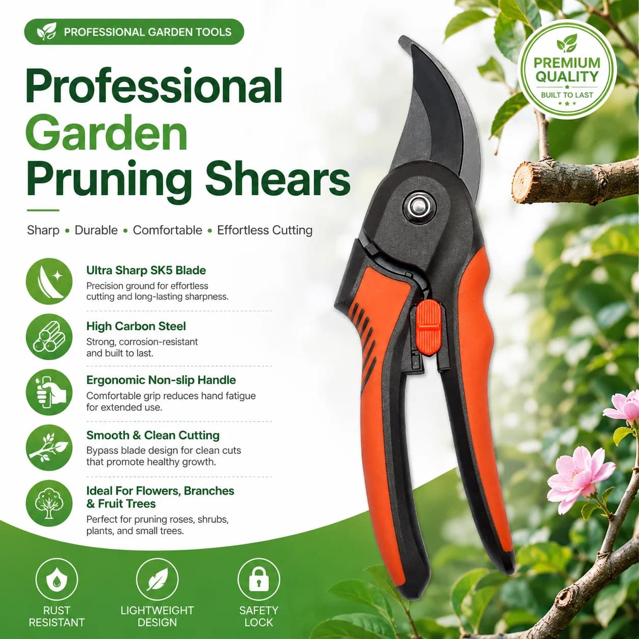 Professional Garden Pruning Shears Heavy Duty SK5 Steel Hand Pruner Sharp Garden Clippers for Flowers Branches Fruit Trees