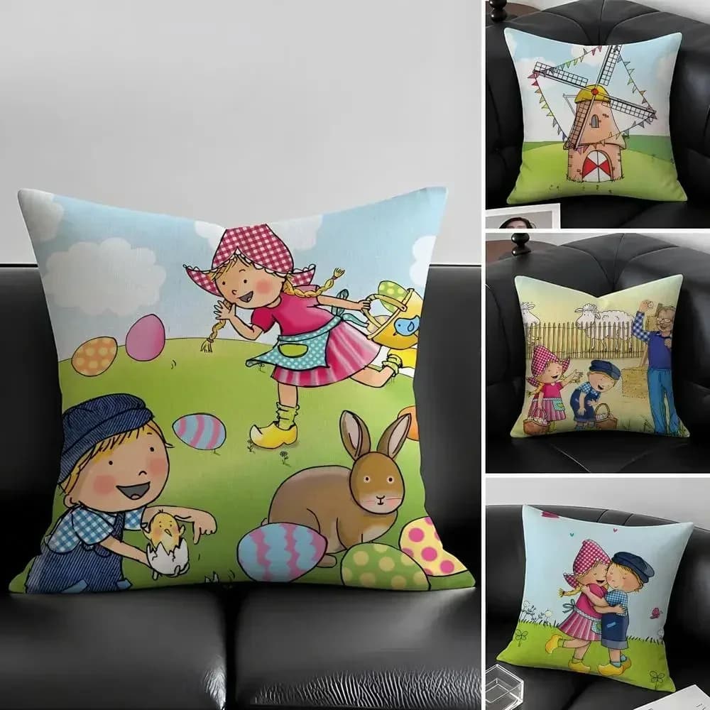 Set di fodere per cuscini in lino naturale con motivo Cartoon F-Fien & T-Teun, decorazione tutto in uno per divano, camera da letto e sedia