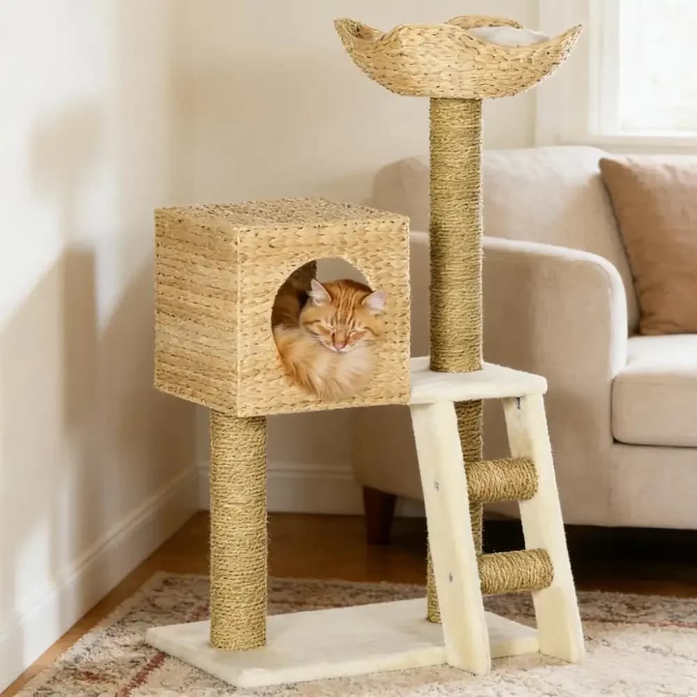 Indoor Cat Tree Cattail Weave Cats Tower Vertical Space Saver with Scratching Posts And Perches for Multiple Cats