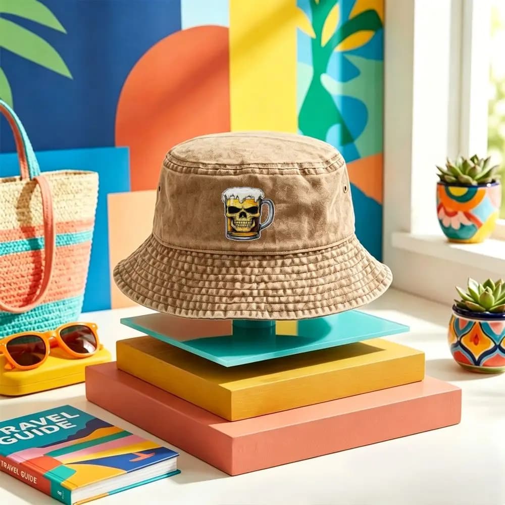 1pc Skull Beer Mug Print Unisex Vintage Washed Bucket Hat Ideal Gift for Beer Lovers and Skull Enthusiasts Party Accessory