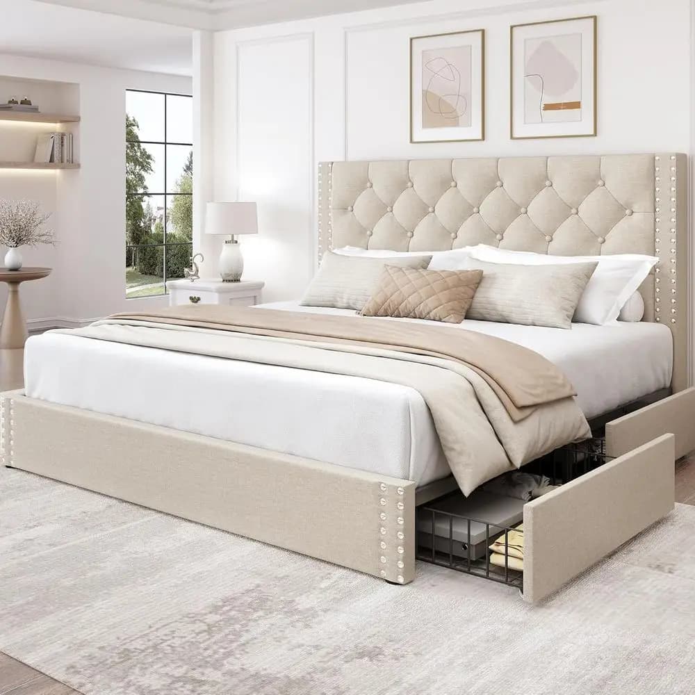 Letto matrimoniale imbottito in lino con 4 cassetti, contenitore, doghe in legno, senza rete a molle, facile da montare, beige