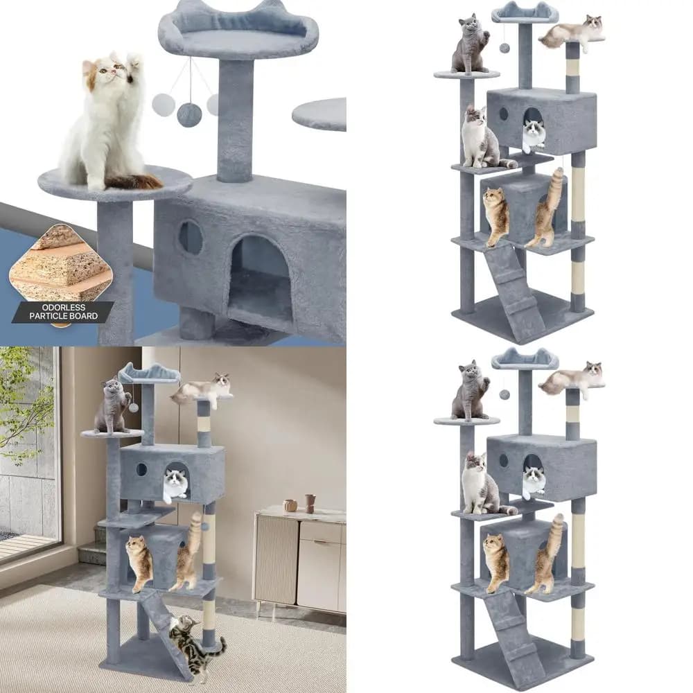 Torre per Gatti da Interno Alta 70 cm con Tiragraffi e Funzioni di Arrampicata in Grigio Chiaro