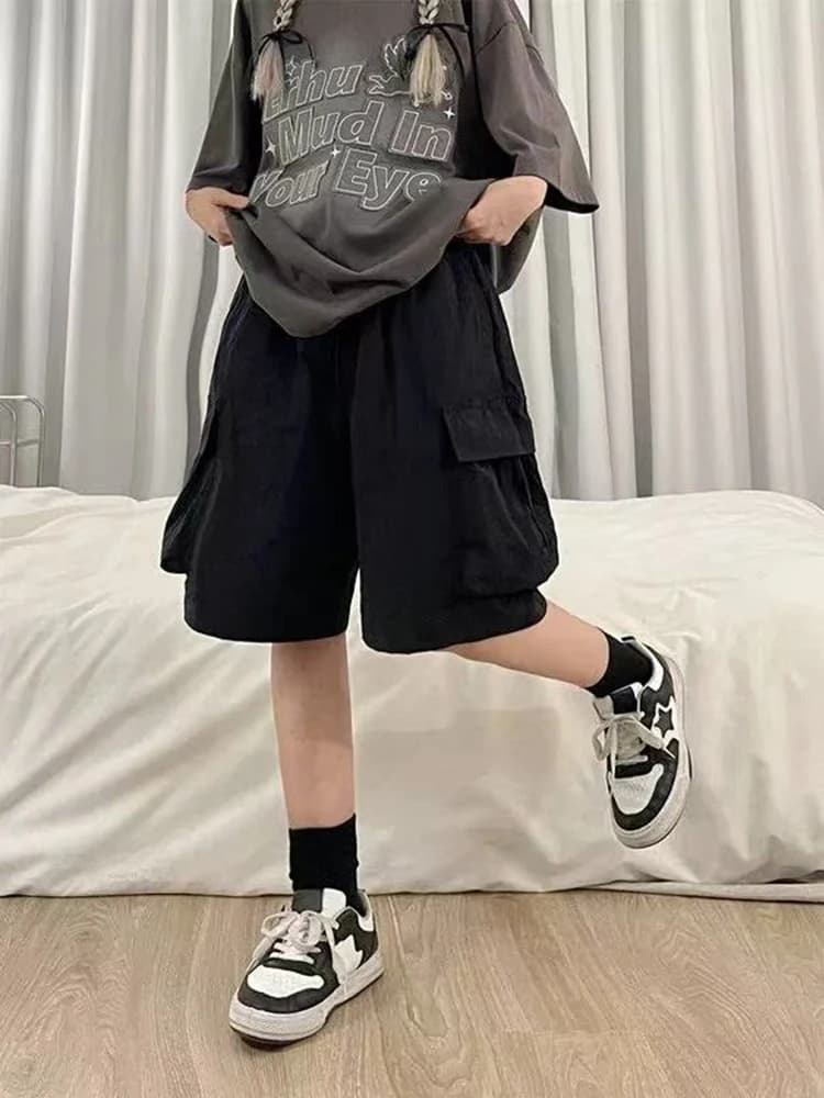 Pantaloncini Cargo Coreani a Vita Alta da Donna, Estivi, Stile Streetwear Americano, Gamba Larga, Moda Y2K, con Grandi Tasche, Sportivi e Comodi