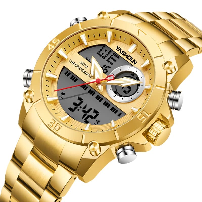 Multifunctional Men's Sports Watch with Double Movement Electronic Stainless Steel Strap Luminous Quartz Wrist Watch Waterproof