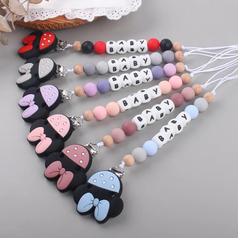 Nome personalizzato personalizzato Catena ciuccio Lettere inglesi Clip in silicone Supporto per massaggiagengive per mouse Succhietto Giocattolo per la dentizione del bambino Regalo da masticare