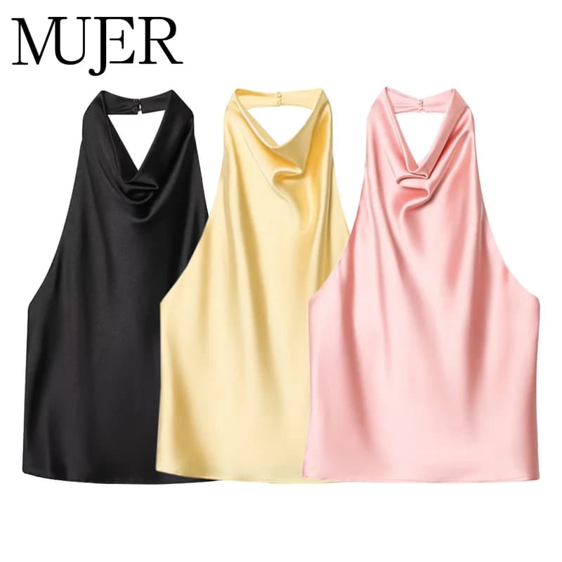 MUJER 2025 Halter Top da donna Top senza schienale in raso nero Donna Rosa Summer Beach Top Donna con spalle scoperte Canotta Top da donna