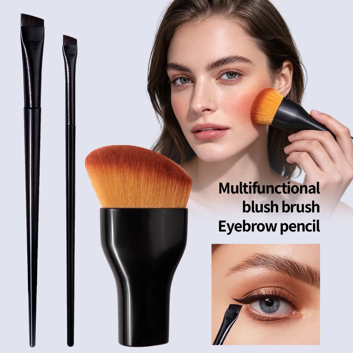 Set di pennelli per trucco multifunzionali da 3 pezzi, manico nero, inclusi pennelli per fard e pennelli per sopracciglia/pennello per eyeliner angolato