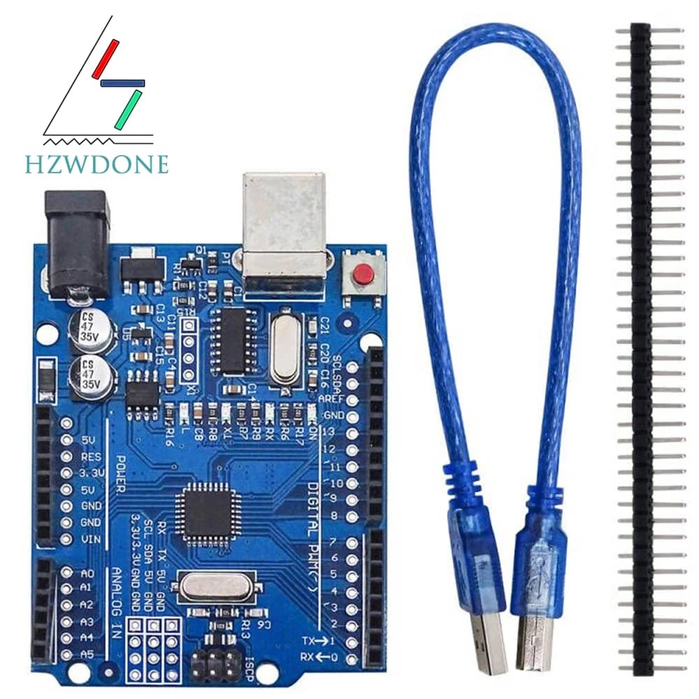 UN0 R3 ATmega328P development card with pin header and cable compatible with Arduino IDE projects