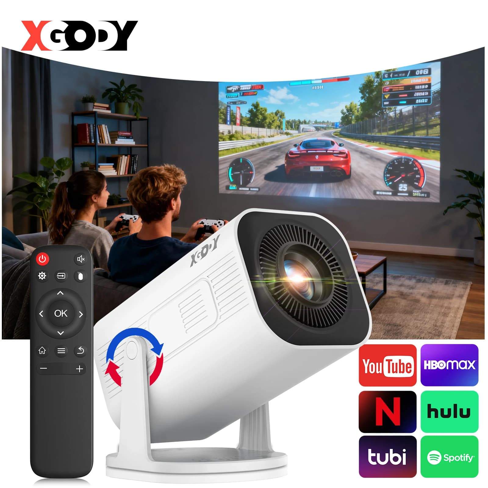 Proiettore XGODY 300 ANSI Smart Mini Android con Correzione Keystone, BT5.0, WIFI6, per Home Cinema e Uso Esterno Portatile