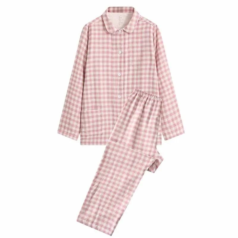 Women Pink Grid Homewear Pajamas Set Comfy Cotton Long Sleeves Shirt&pants 2 Pcs Sleepwear Suit Autumn New Loungewear Nightwear