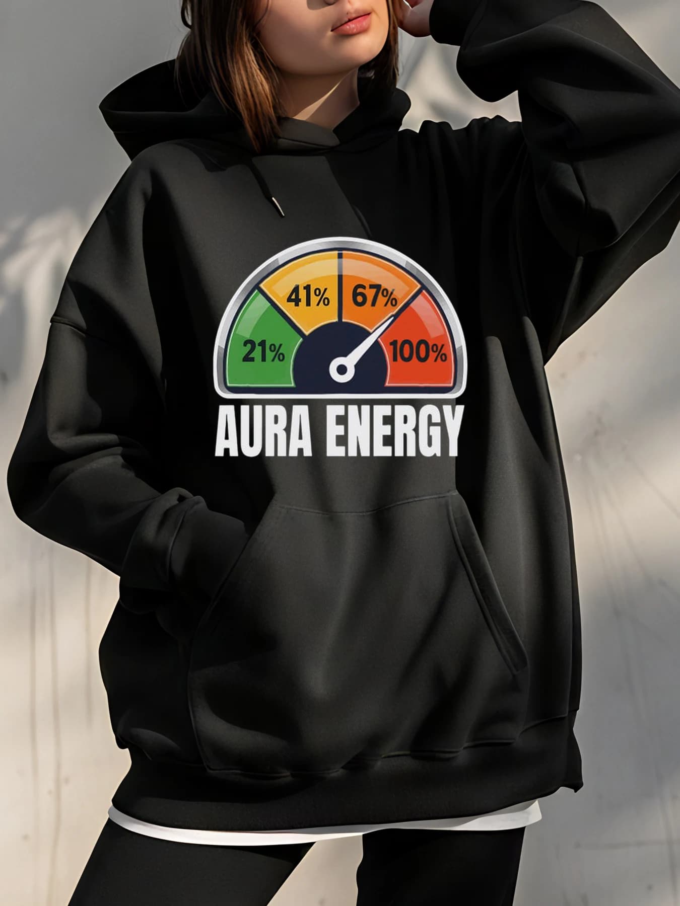 Hoodie with Aura Energy Gauge print with colorful design for casual clothing in urban settings