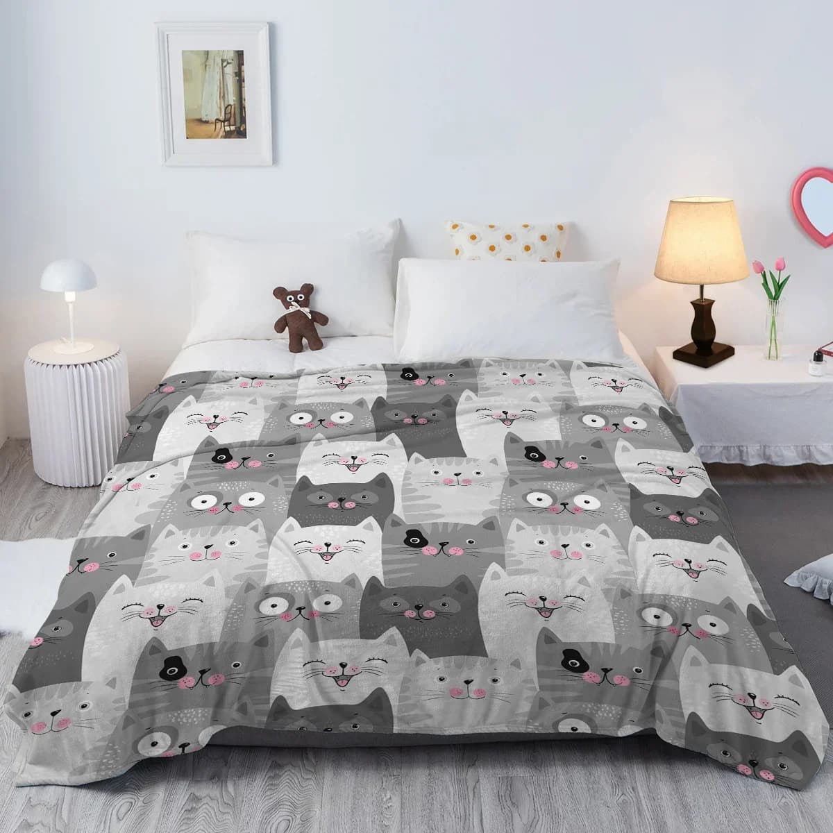 Coperta per gatti grigia faccia rosa coperta stampata coperta in peluche soffice flanella coperta in pile plaid morbidi per divano divano e letto