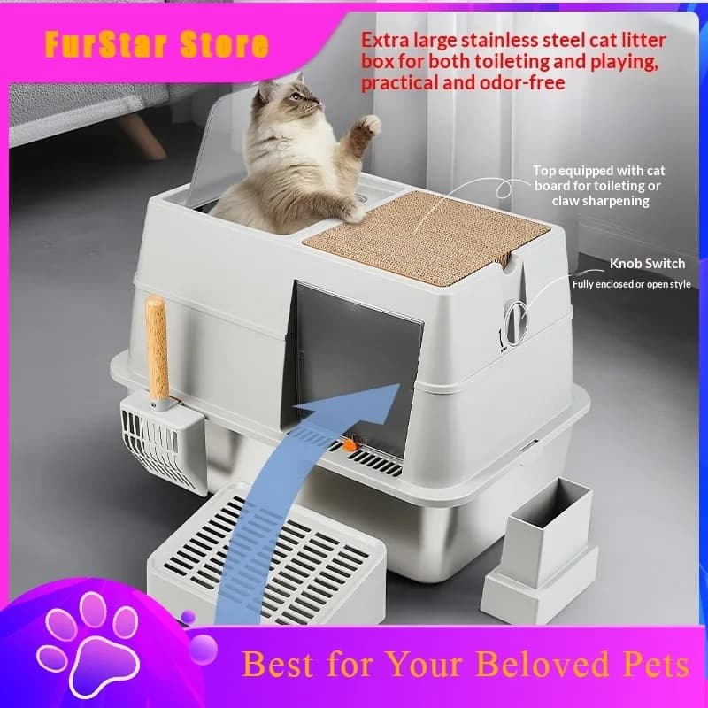 FurStarExtra Large Fully Enclosed Stainless Steel Cat Litter Box, Front-Entry Top-Exit Anti-Splash Kitty Toilet For Indoor Cats